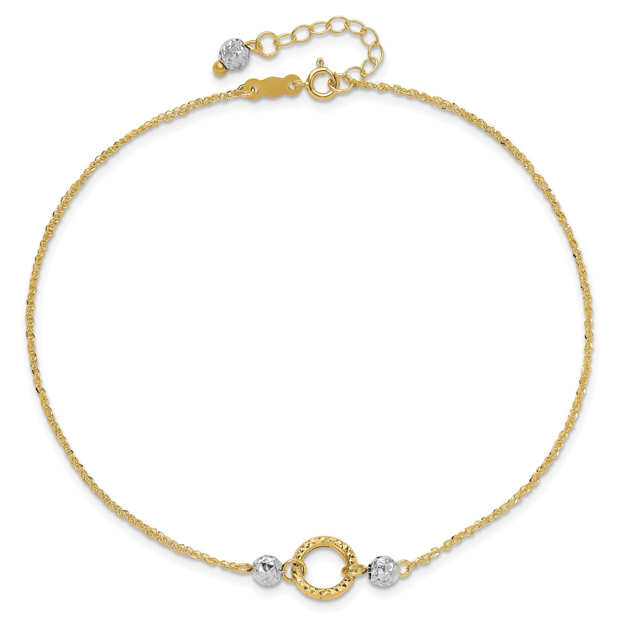 14k Two-tone Circle and Diamond-cut Beads 9 inch Plus 1 inch Bead Dangle Extender - Total 10 inch An