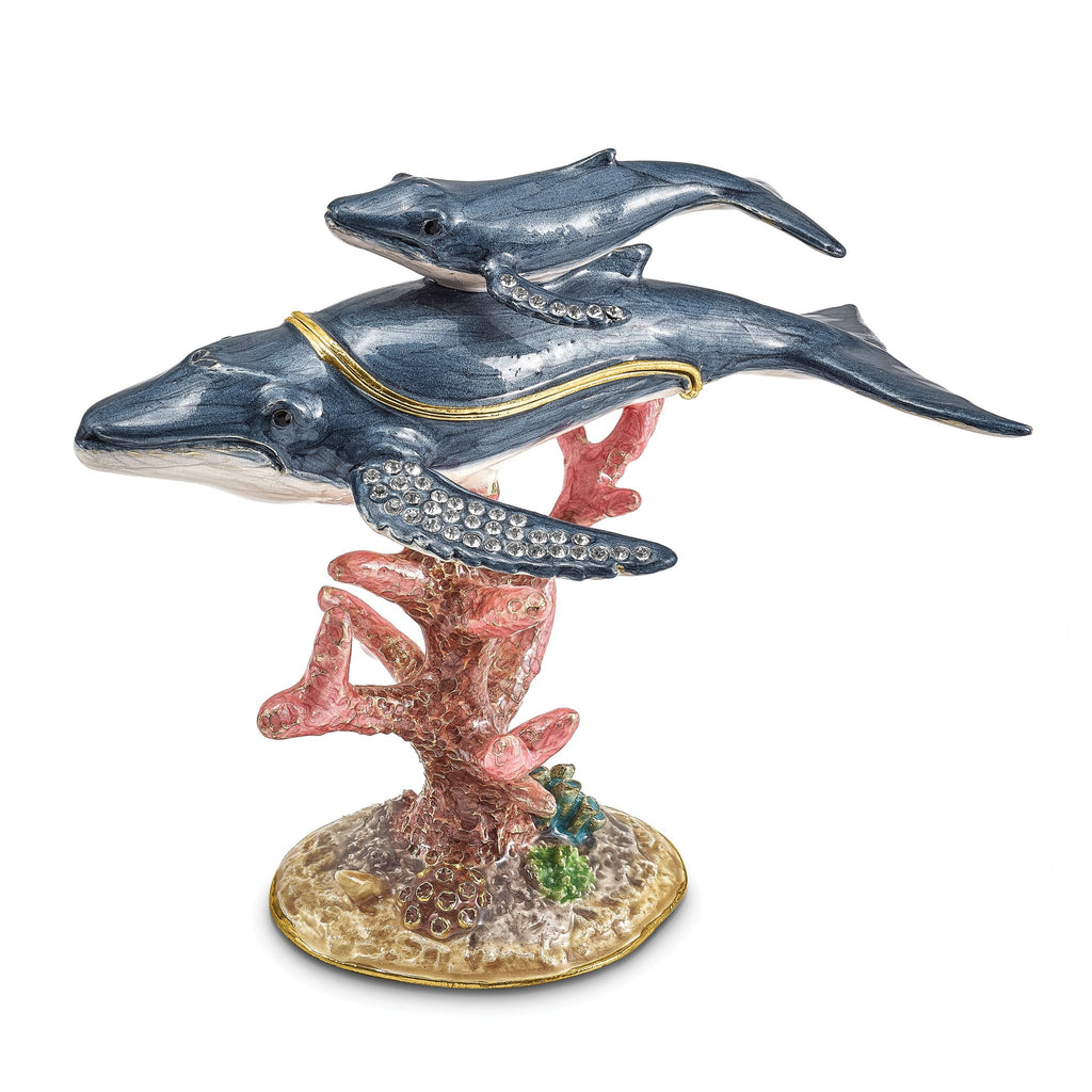 Luxury Giftware by Jere Pewter Bejeweled Crystals Gold-tone Enameled WYNN and WALLIS Blue Whale and Baby Trinket Box with Matching 18 Inch Necklace
