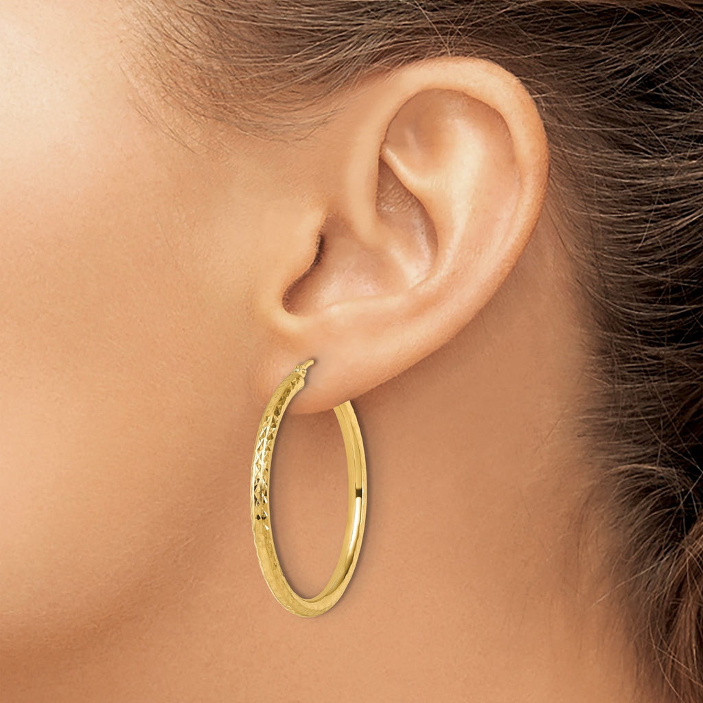 14k Diamond-cut 3mm Round Hoop Earrings