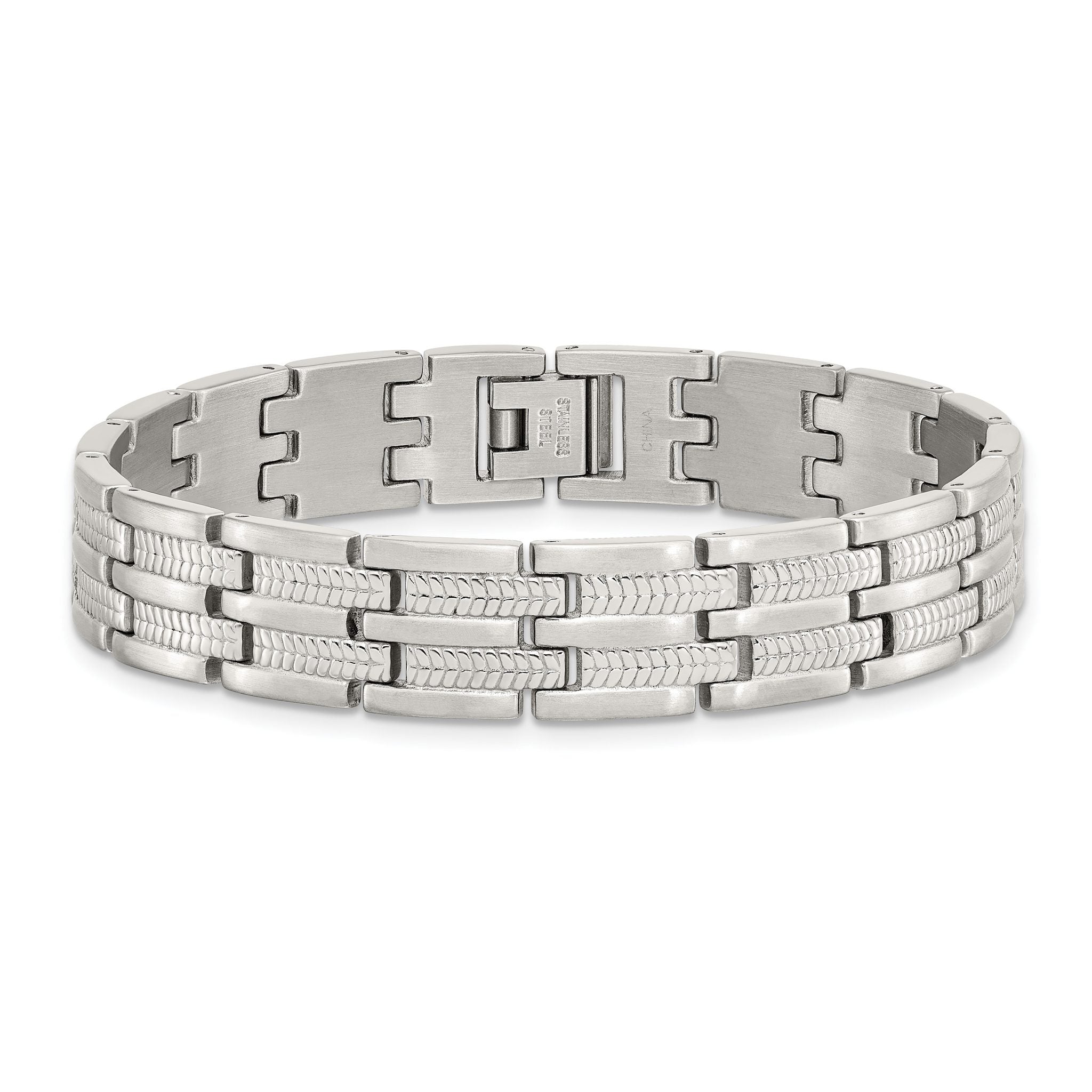 Stainless Steel Brushed Polished and Textured Link Bracelet for Men