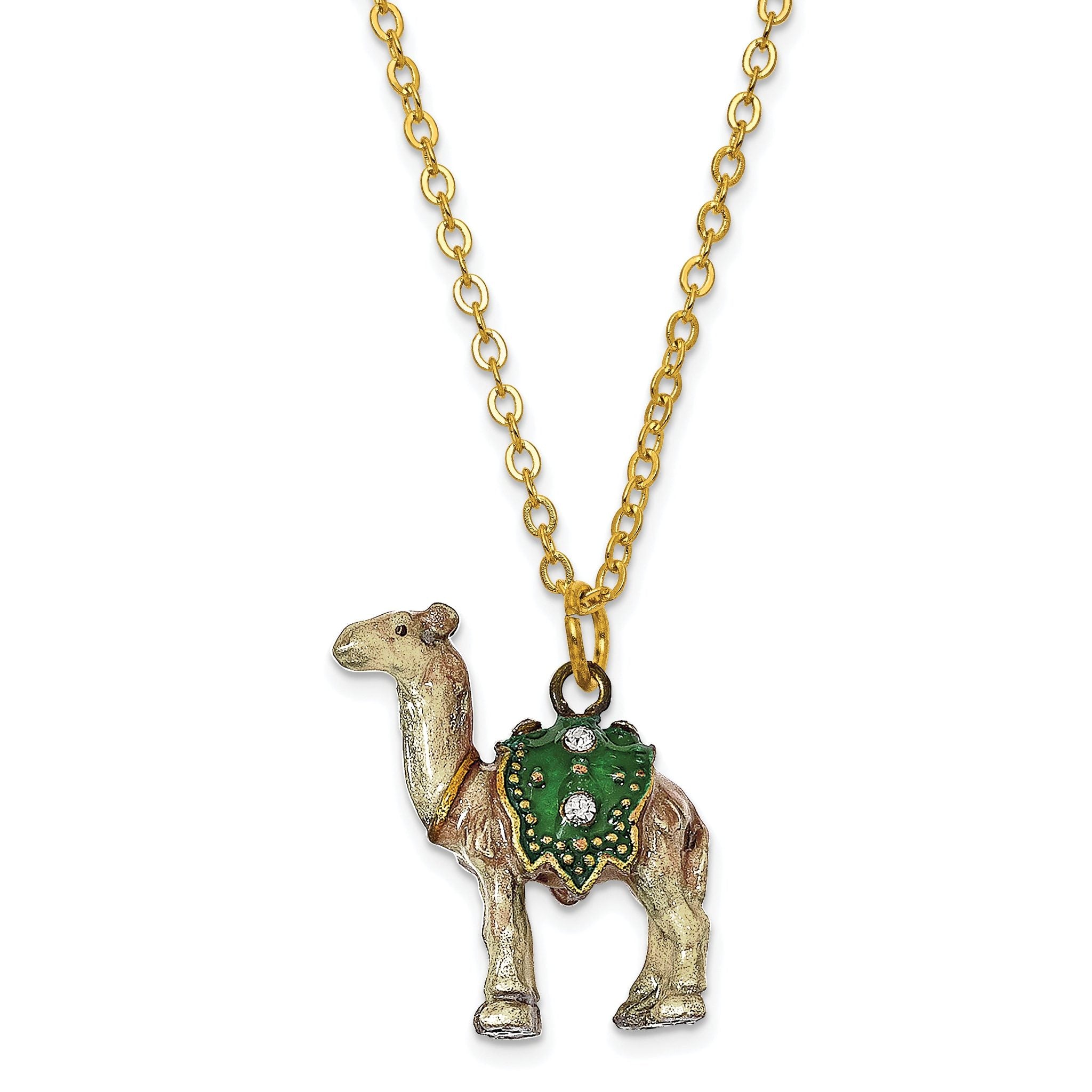 Luxury Giftware by Jere Pewter Bejeweled Crystals Gold-tone Enameled FAISAL White Camel Trinket Box with Matching 18 Inch Necklace
