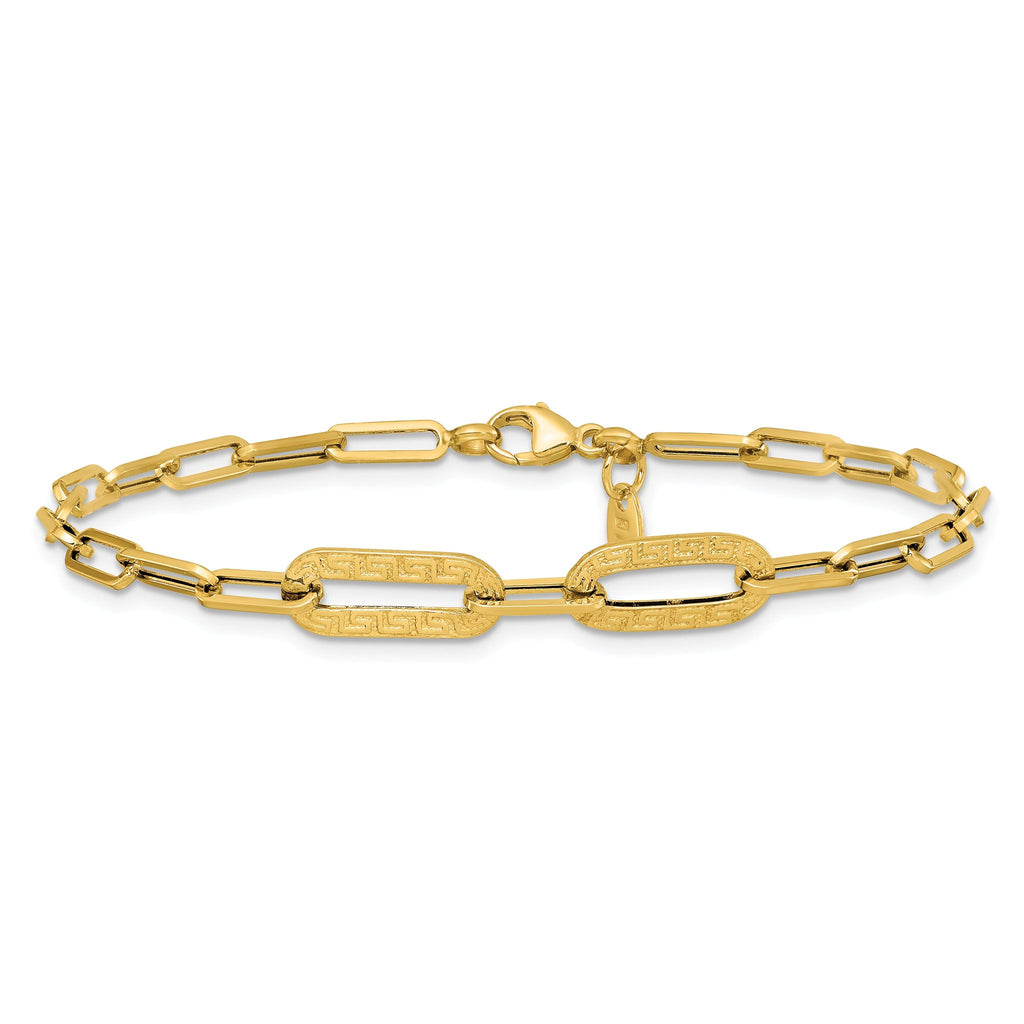 14K Polished Textured Greek Key Paperclip Link Bracelet