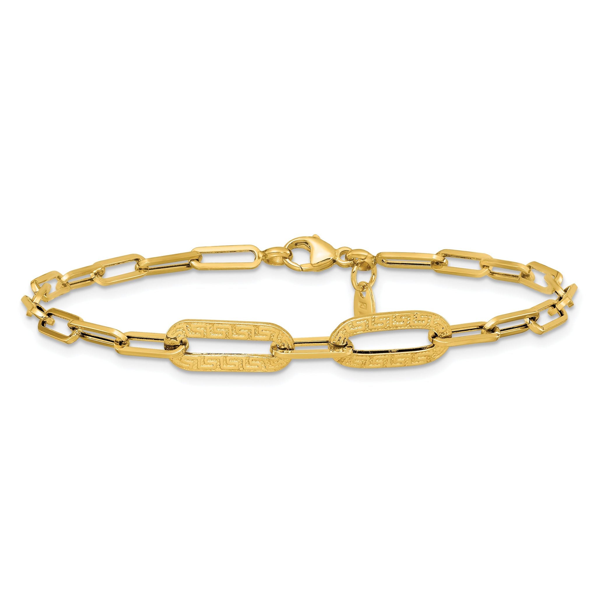 14K Polished Textured Greek Key Paperclip Link Bracelet