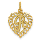 14K Gold Heart Letter R Charm with Diamond-Cut and Sandblasted Finish