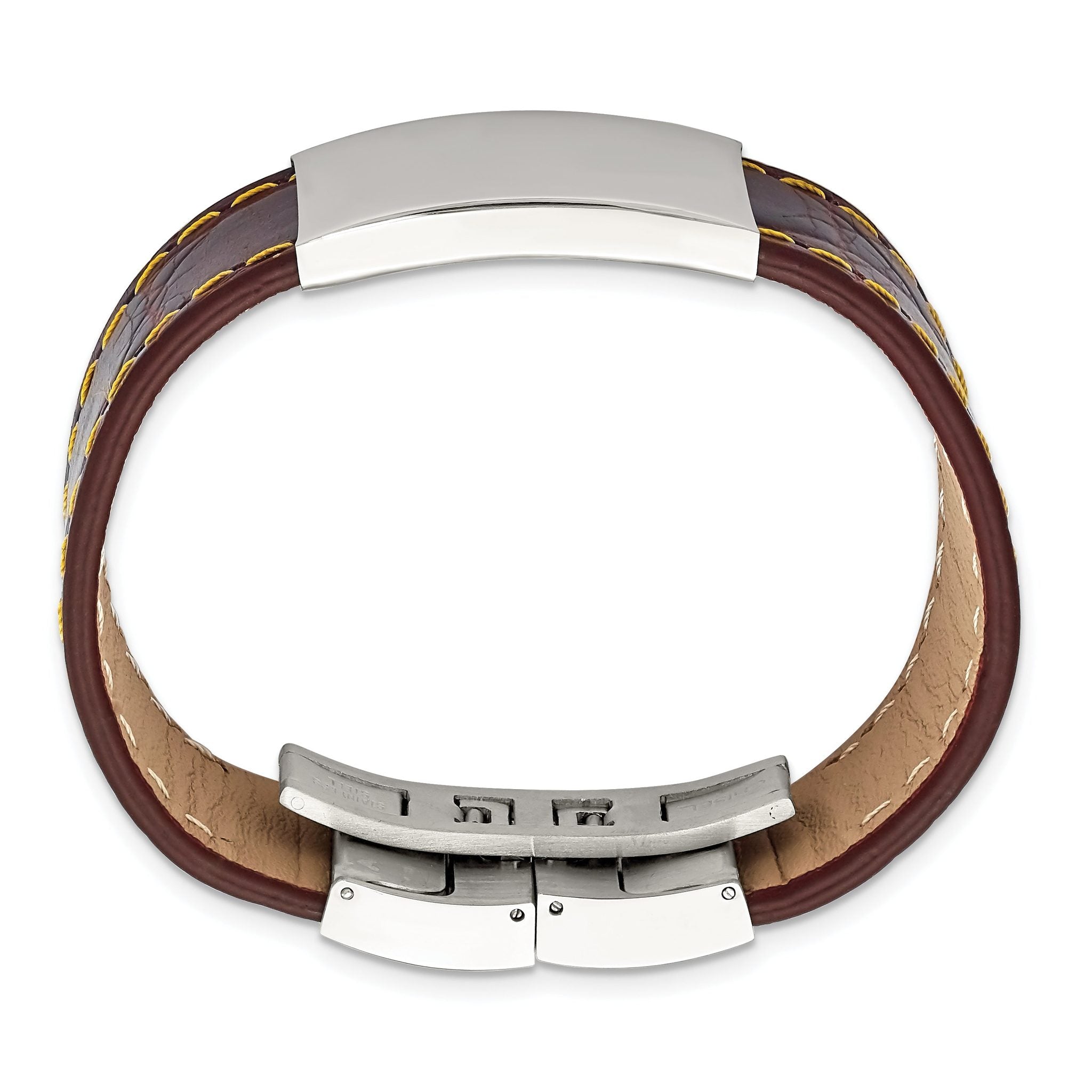 Stainless Steel Polished Brown Leather/Yellow Stitch ID Bracelet for Men Secondary image