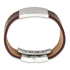 Stainless Steel Polished Brown Leather/Yellow Stitch ID Bracelet for Men