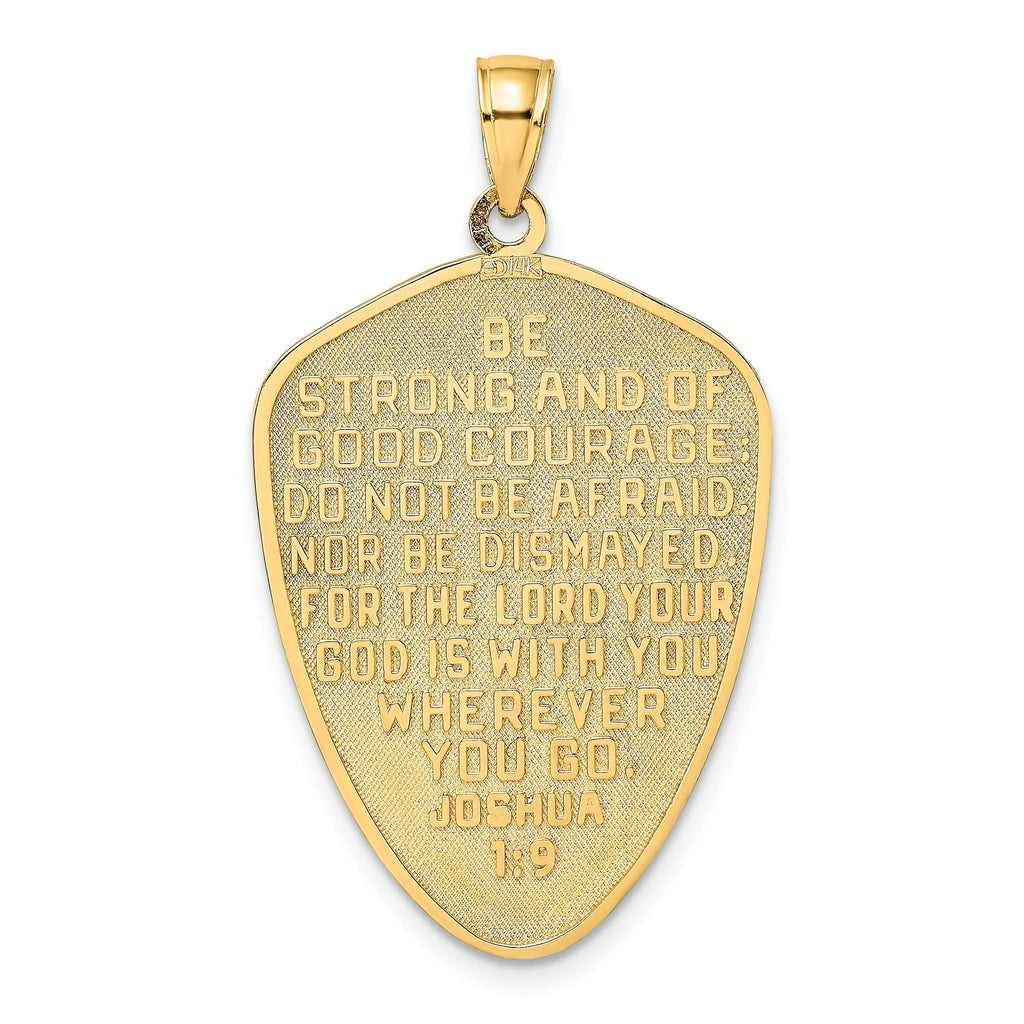 14K Yellow Gold With Rhodium Cross Shield W/ Joshua 1:9 On Reverse Charm