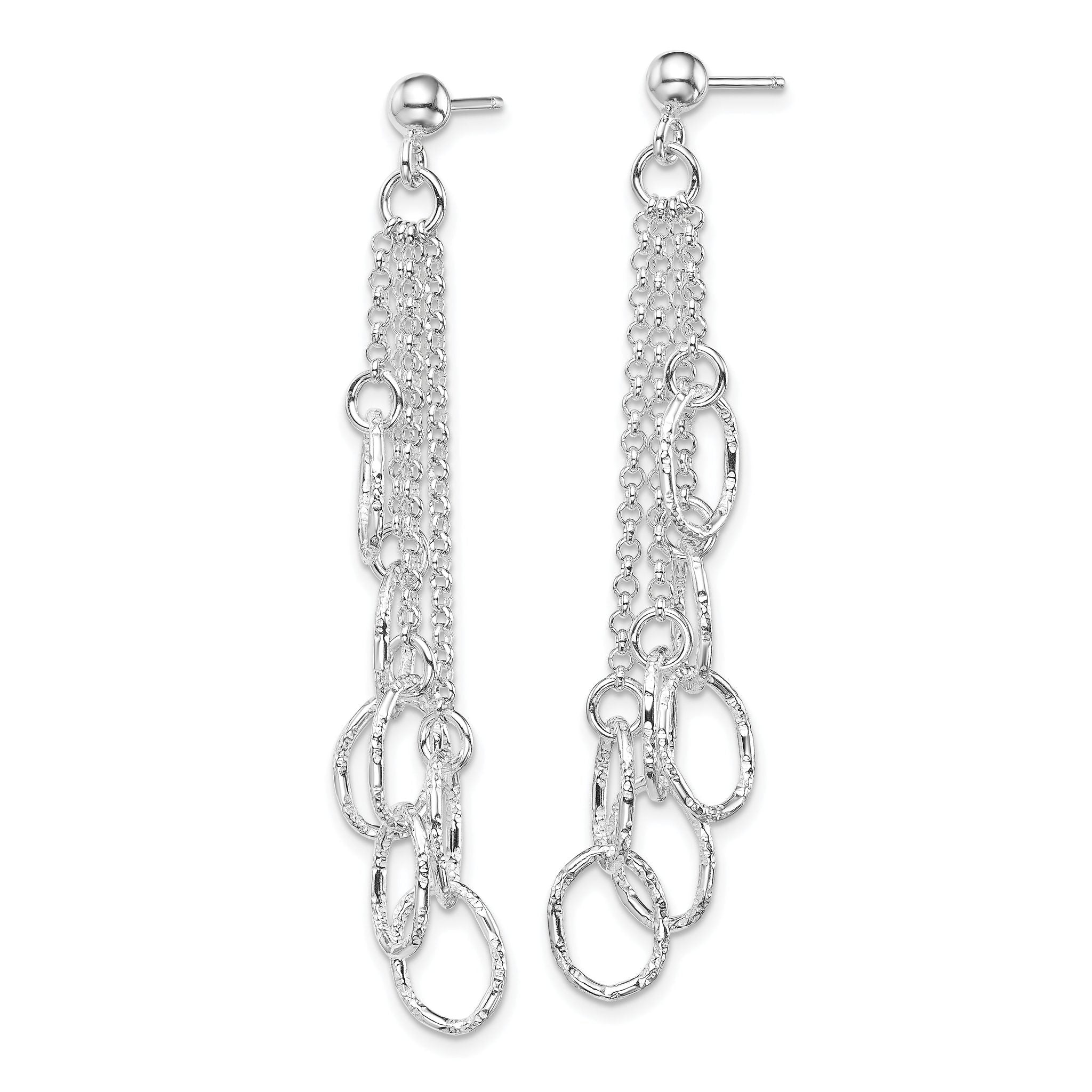 Sterling Silver RH-plated Polished Textured Oval & Chain Post Dangle Earrin Secondary image