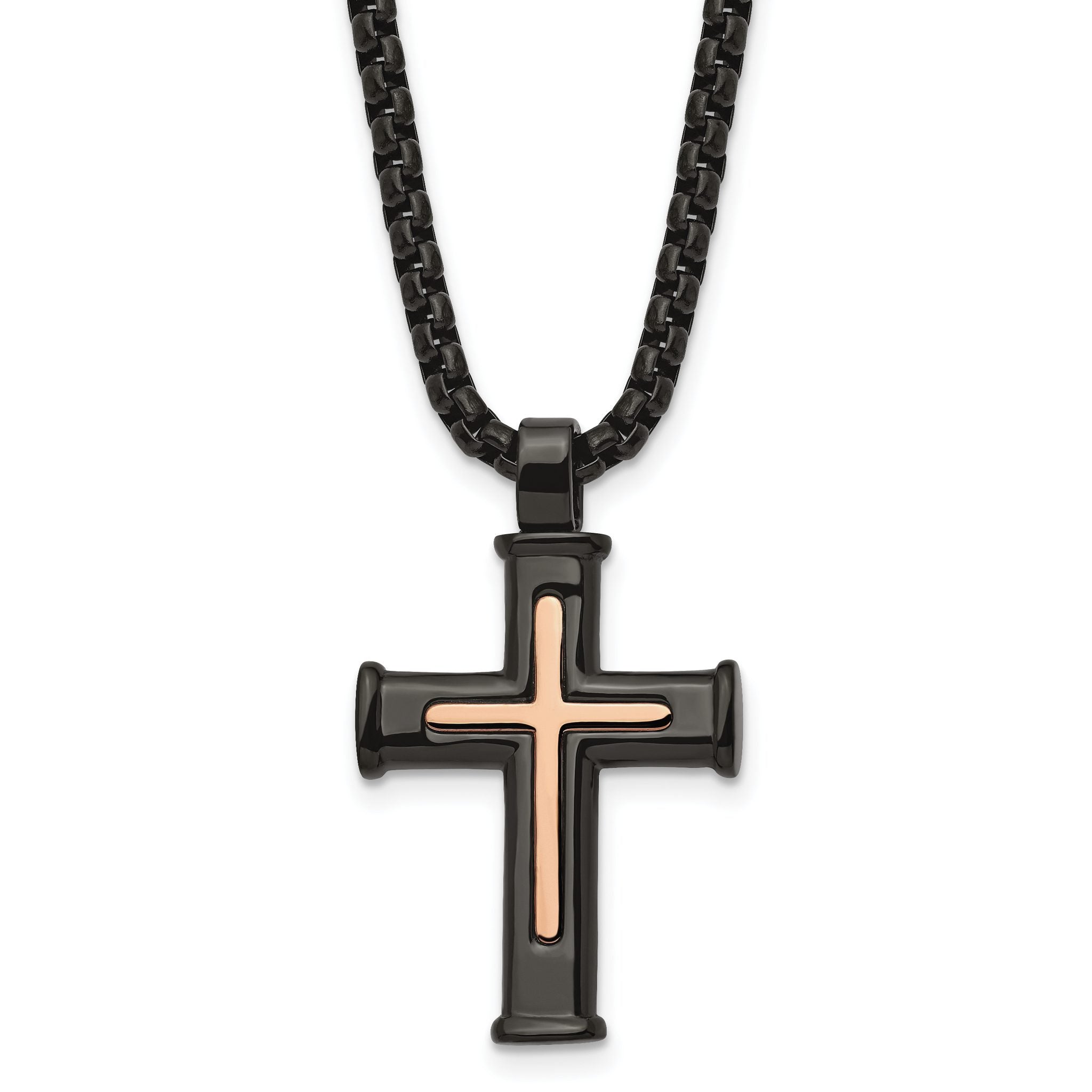 Black & Rose IP Cross Pendant Necklace in Stainless Steel