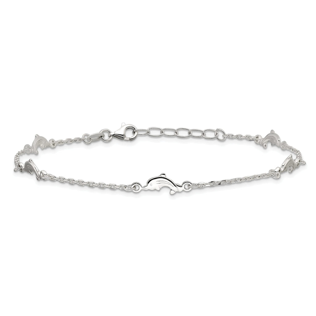 Sterling Silver Dolphin 5-Station 9 inch Plus 1 inch Extender - Total 10 inch Anklet