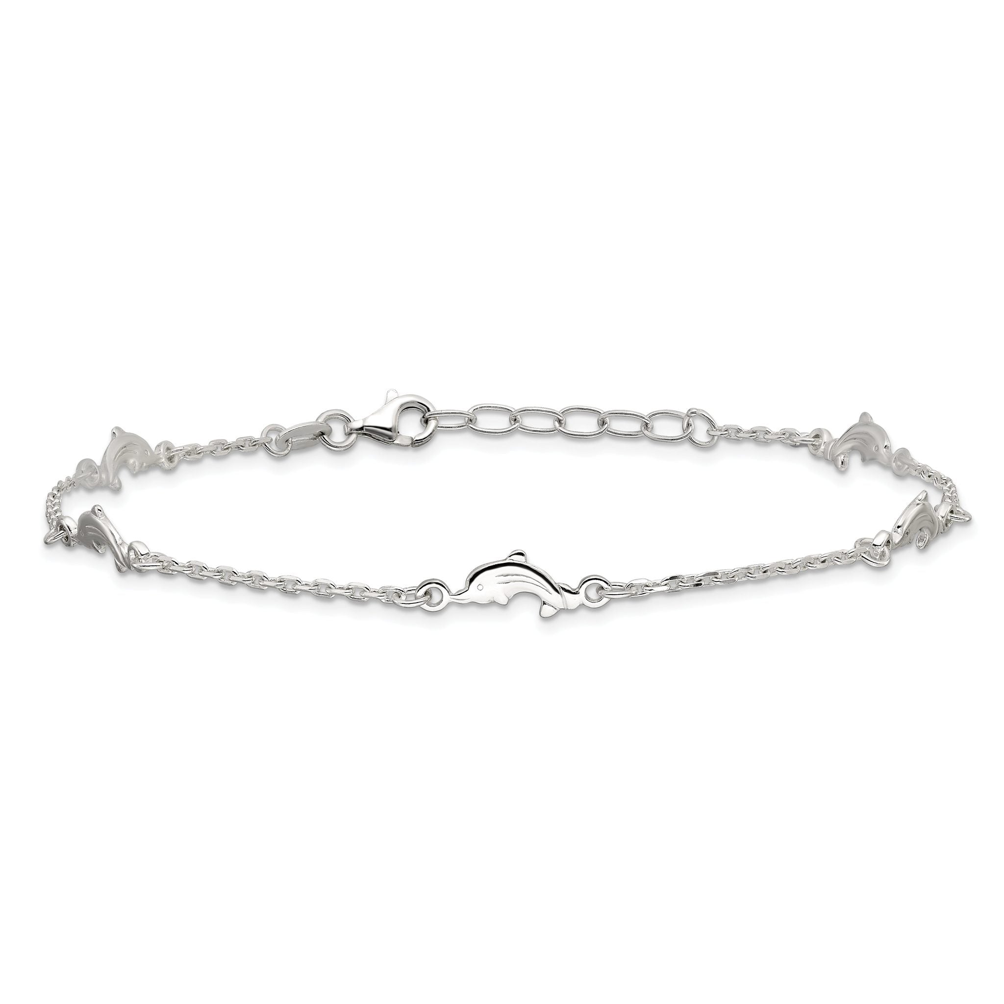 Sterling Silver Dolphin 5-Station 9 inch Plus 1 inch Extender - Total 10 inch Anklet