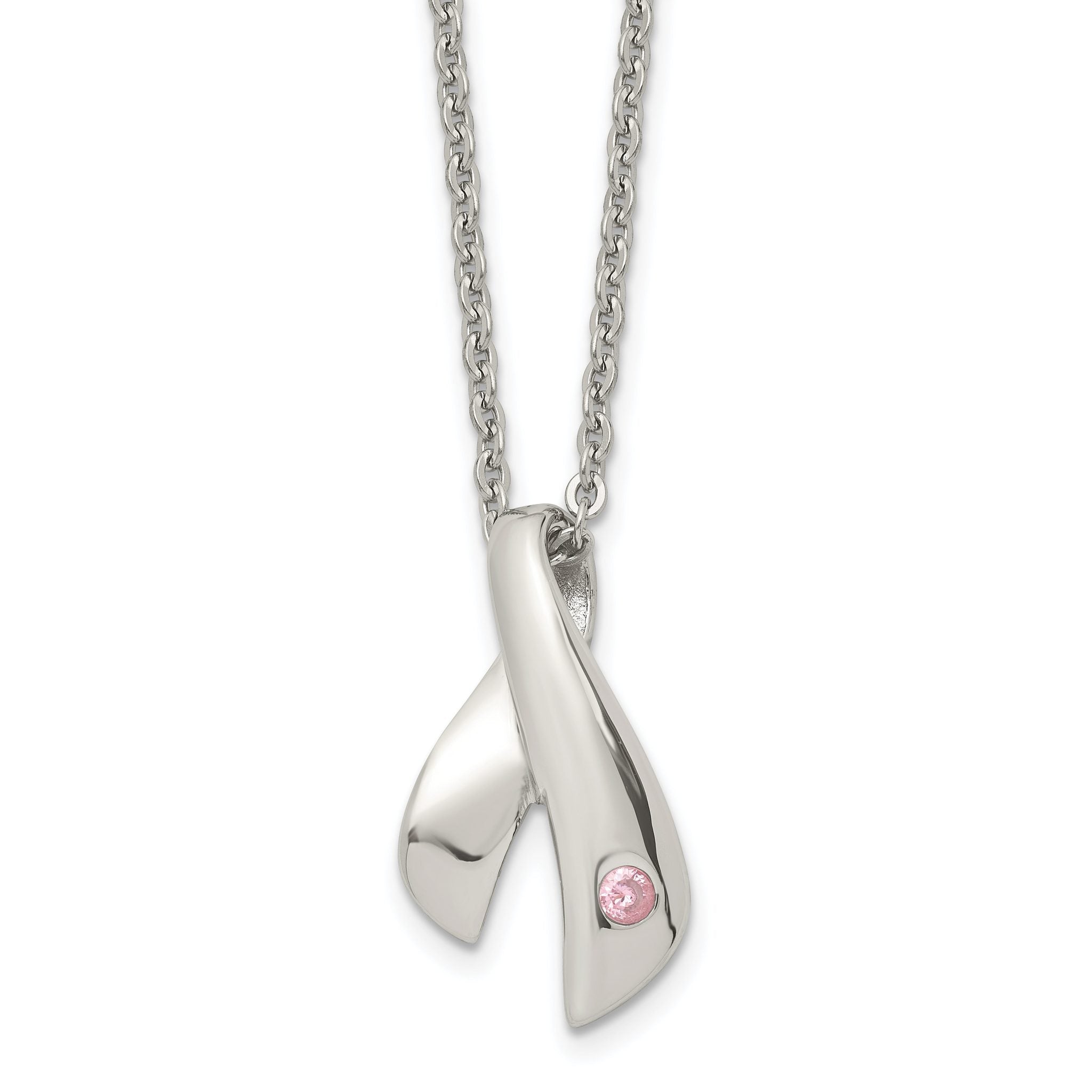Stainless Steel Polished w/Pink Awareness CZ 20in Necklace Main image
