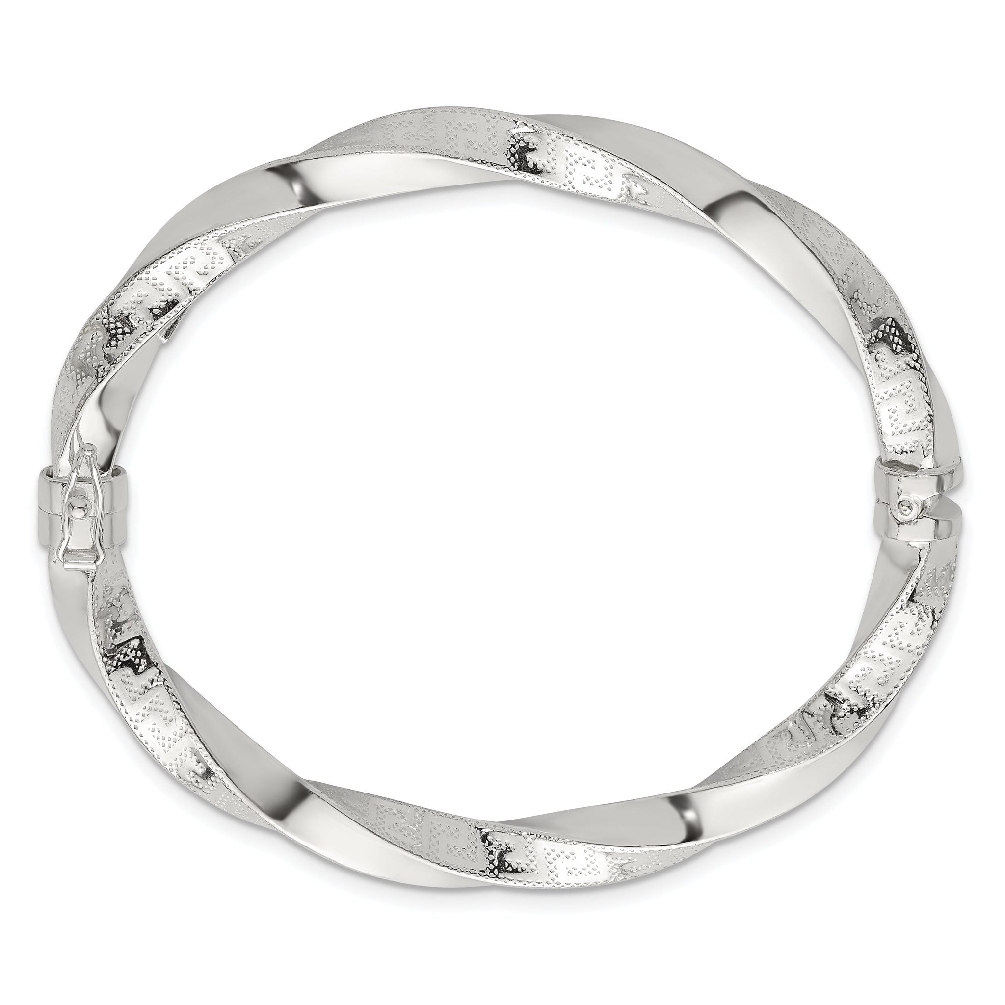 Sterling Silver Polished Textured and Twisted 6.50mm Greek Key Hinged Bangle Secondary image