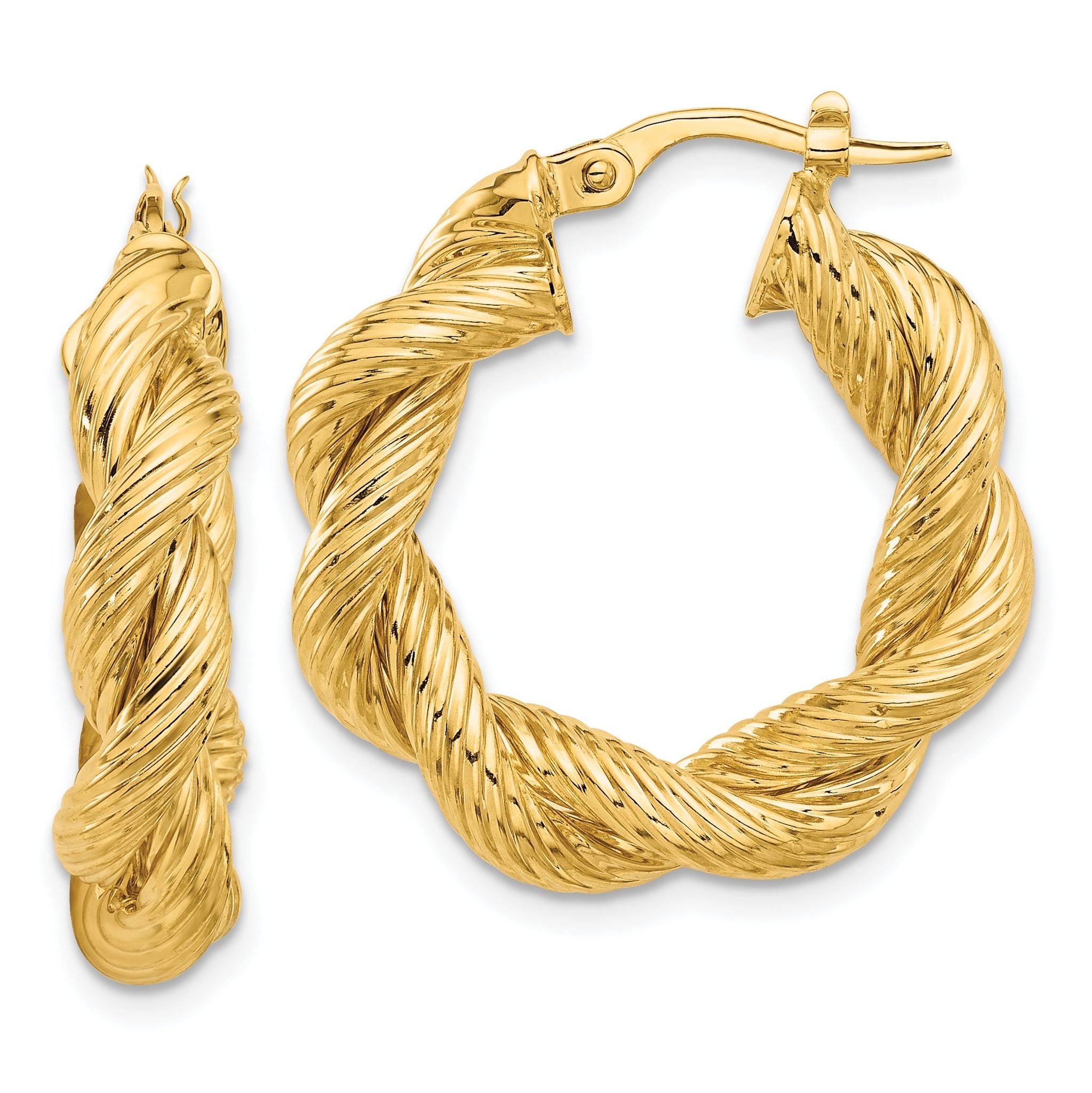 14K Polished and Textured Twisted Hoop Earrings Main image