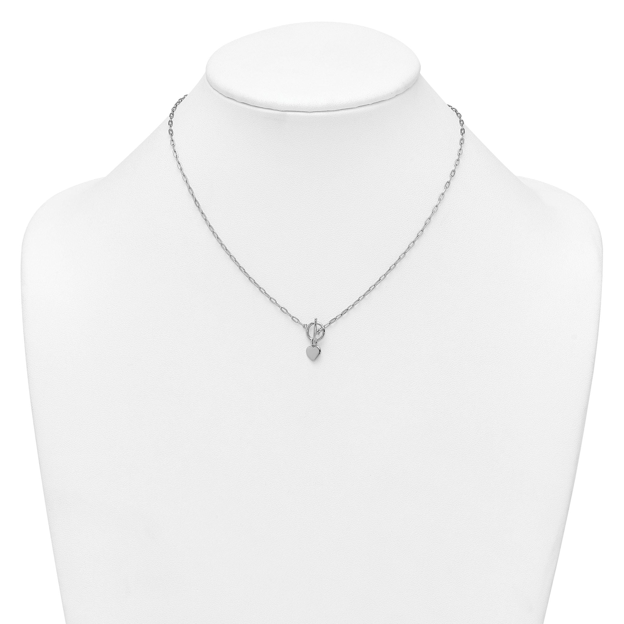 Sterling Silver Rhodium-plated Polished Heart Dangle Paperclip Link 16 Inch with 2 Inch Extension Necklace