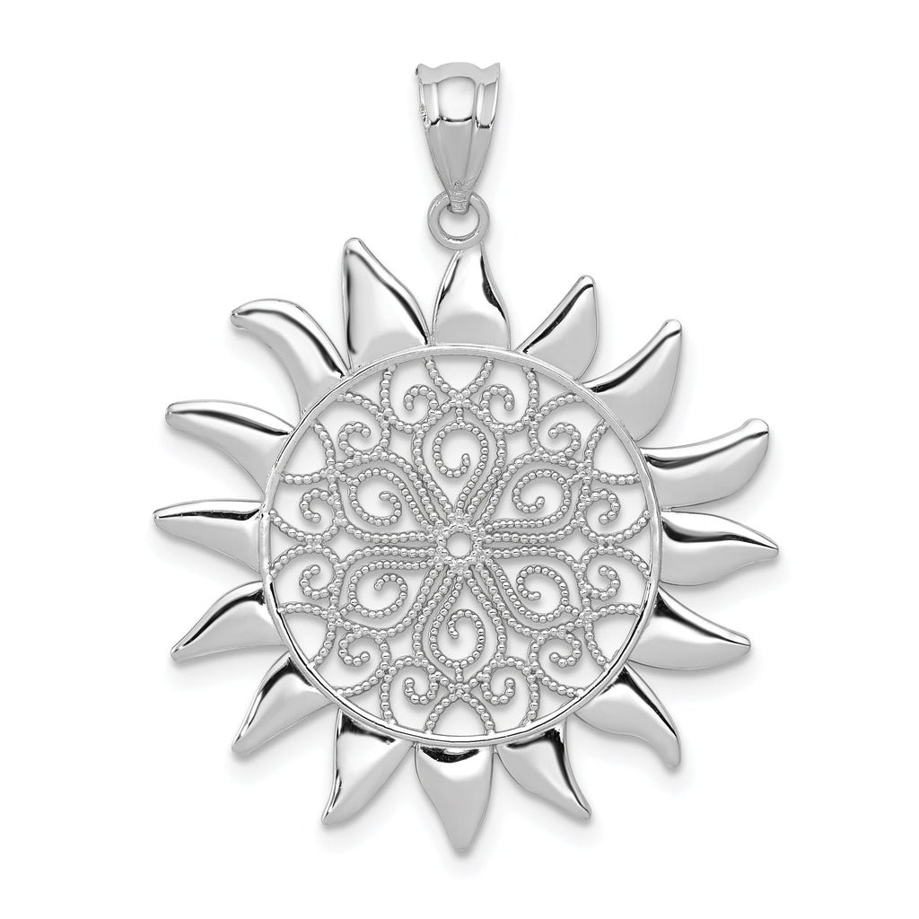 14K White Gold Filigree Sun Pendant with Polished Rhodium Finish