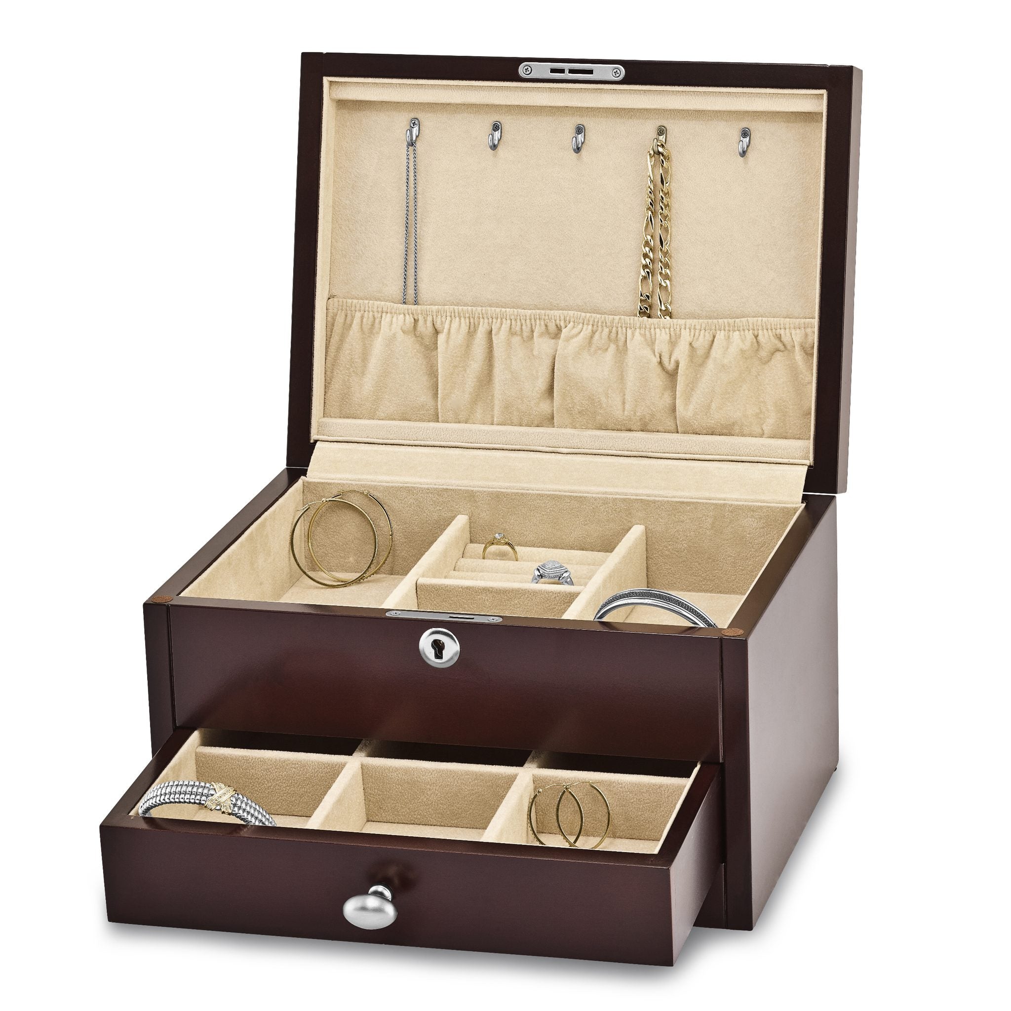 Luxury Giftware Matte Mahogany Finish Poplar Veneer 1-drawer w/Hidden Storage Locking Wooden Jewelry Chest