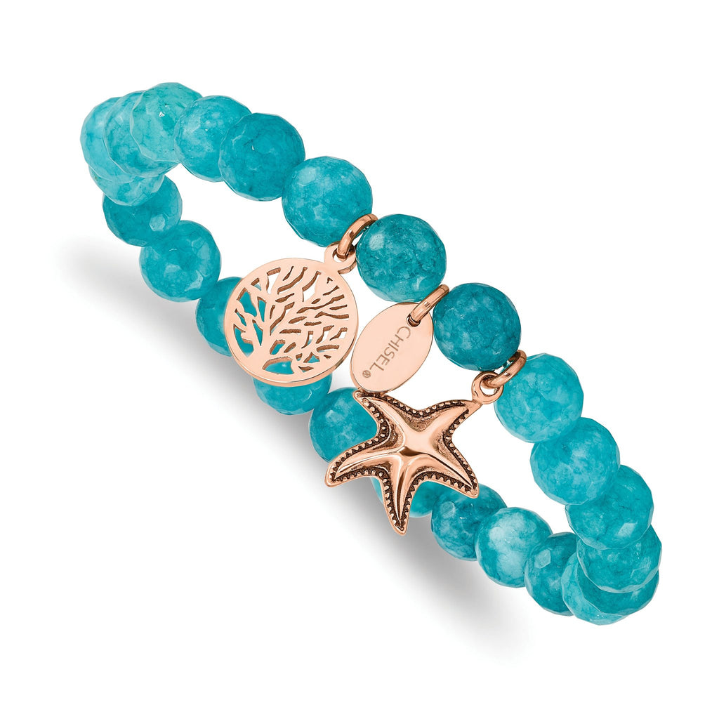 Stainless Steel Antiqued and Polished Rose IP-plated Starfish and Tree of Life 8mm Aqua Dyed Jade Beaded Stretch Bracelet for Women