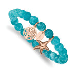 Stainless Steel Antiqued and Polished Rose IP-plated Starfish and Tree of Life 8mm Aqua Dyed Jade Beaded Stretch Bracelet for Women