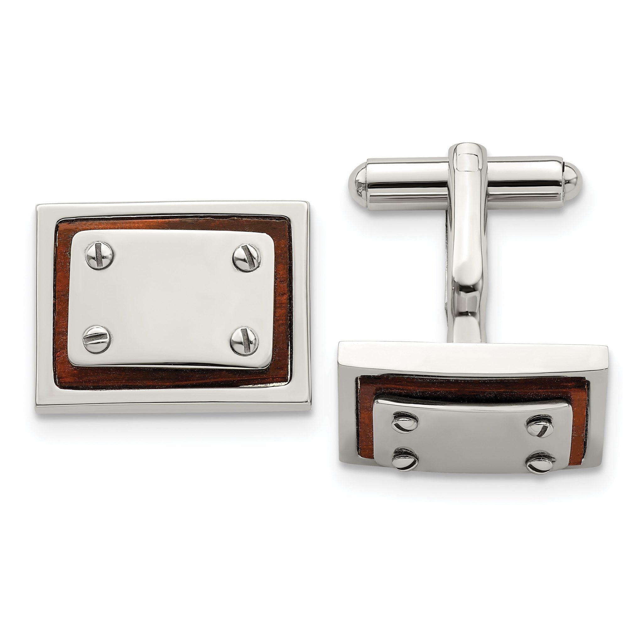 Koa Wood Inlay Rectangle Cufflinks in Stainless Steel Main image