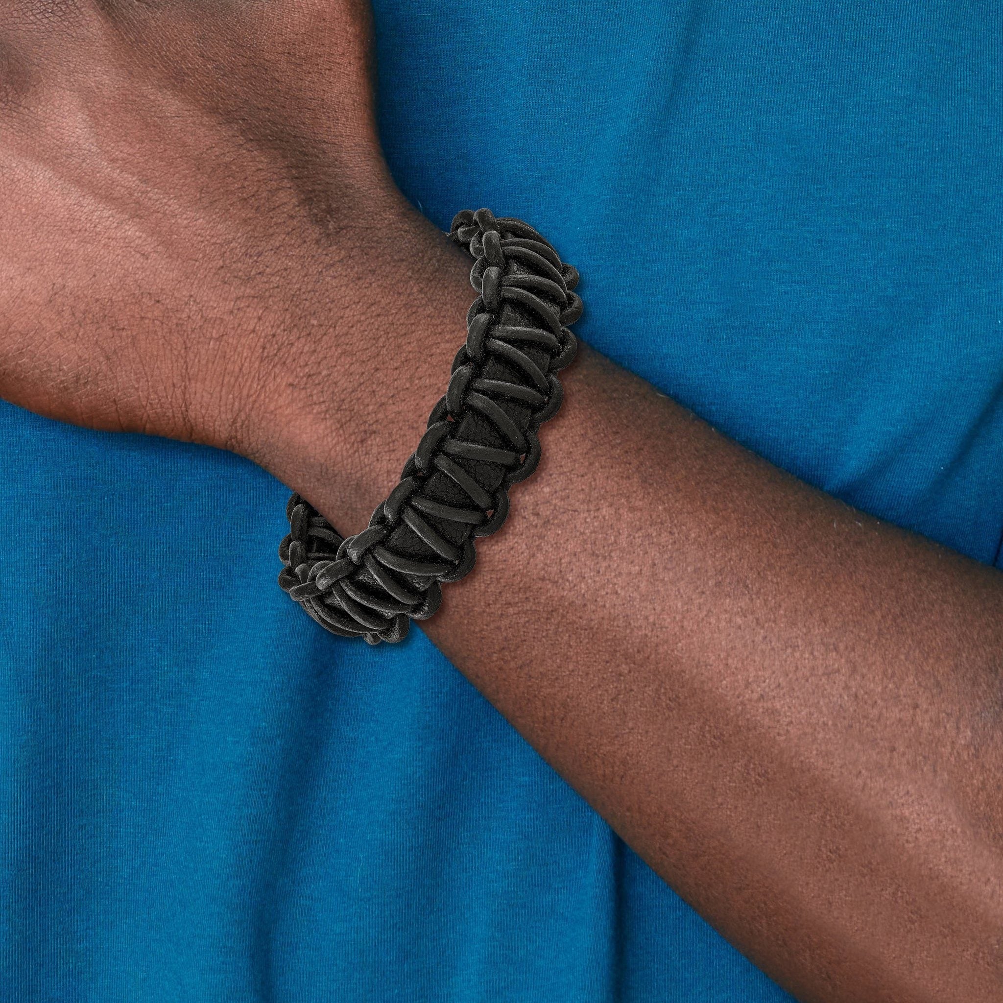 Stainless Steel Polished Rounded Braided Black Leather Bracelet for Men