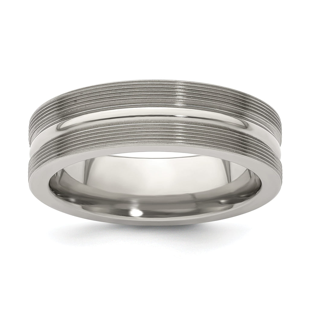 Titanium Wedding Band with Textured Lines and Polished Brushed Finish