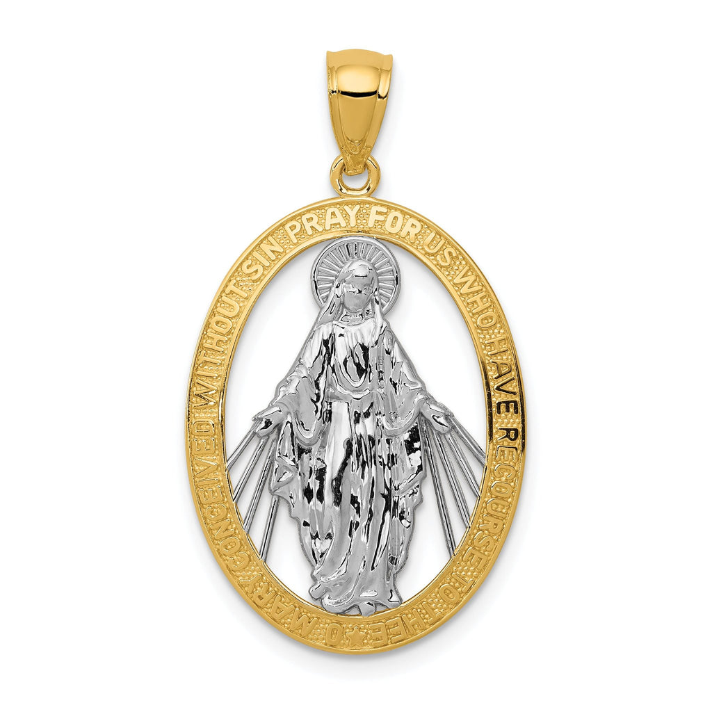 14K Gold Miraculous Medal Pendant with Rhodium Accent Polished Finish