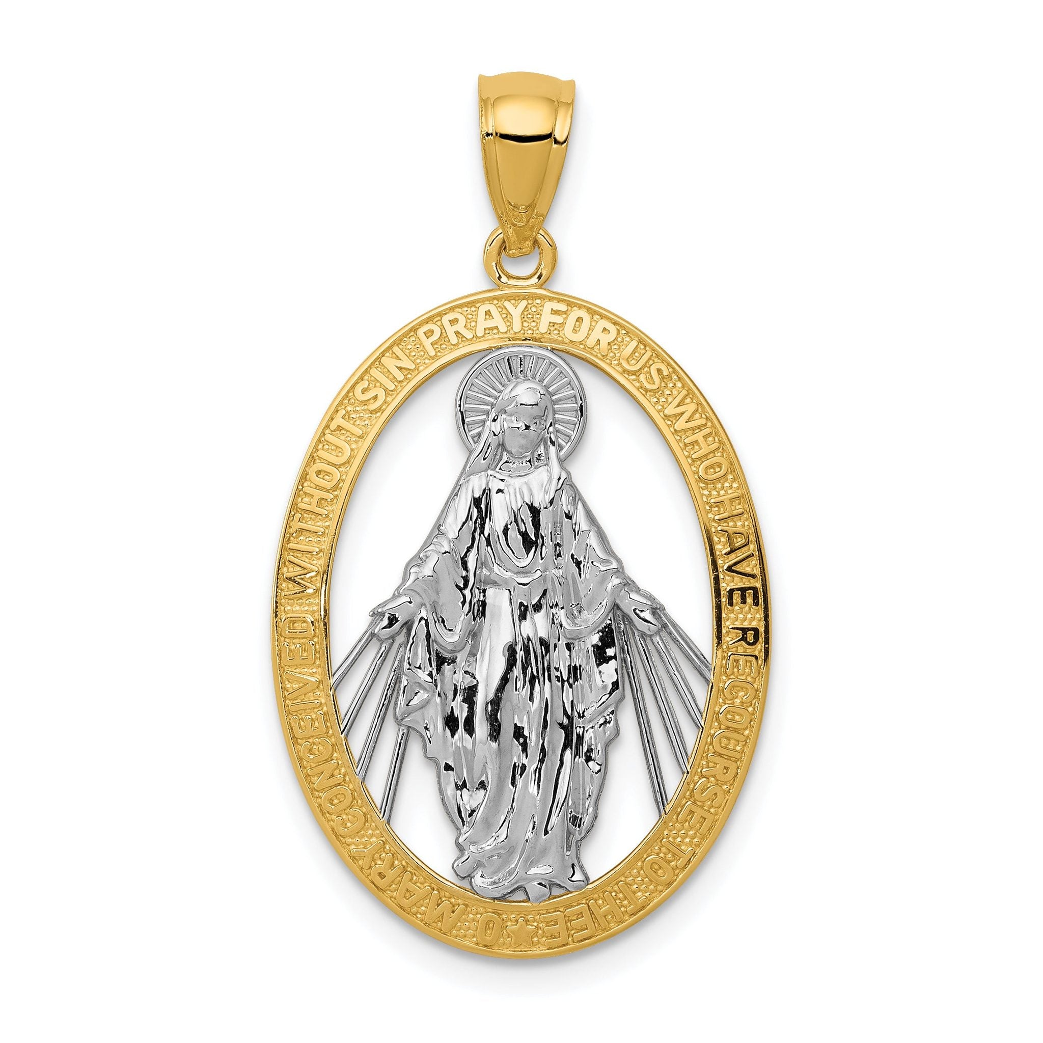 14K Gold Miraculous Medal Pendant with Rhodium Accent Polished Finish