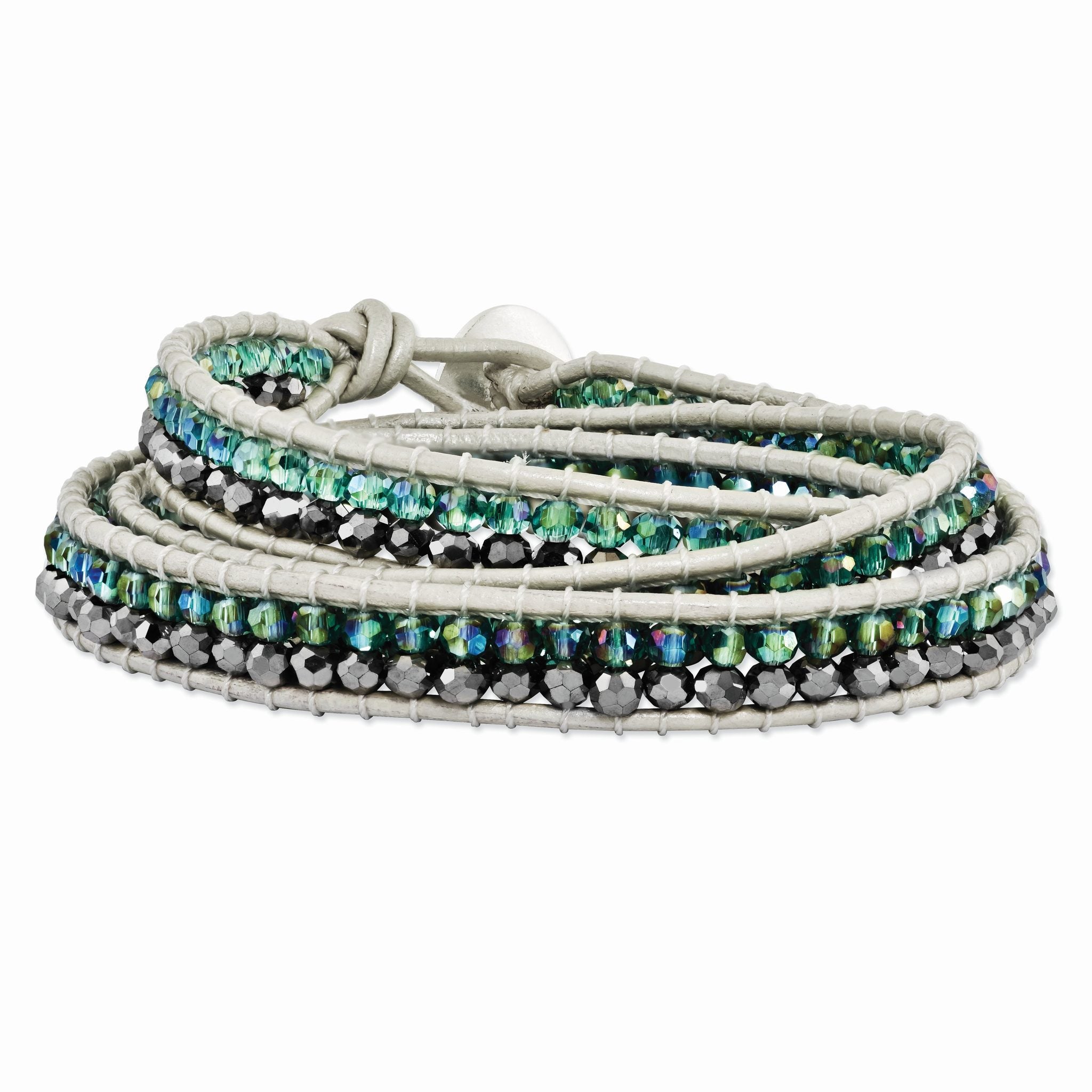 Aurora Borealis & Grey Crystal Wrap Bracelet in Leather