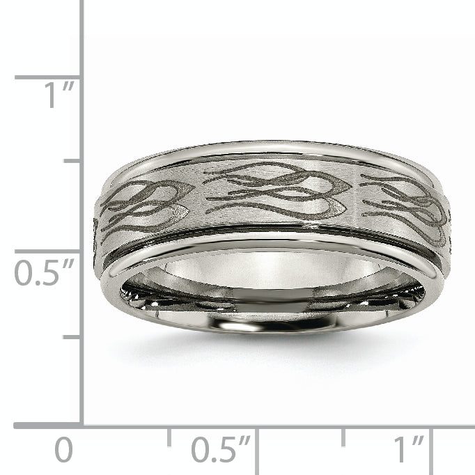 Titanium Ridged Edge Wedding Band with Laser Flame Design