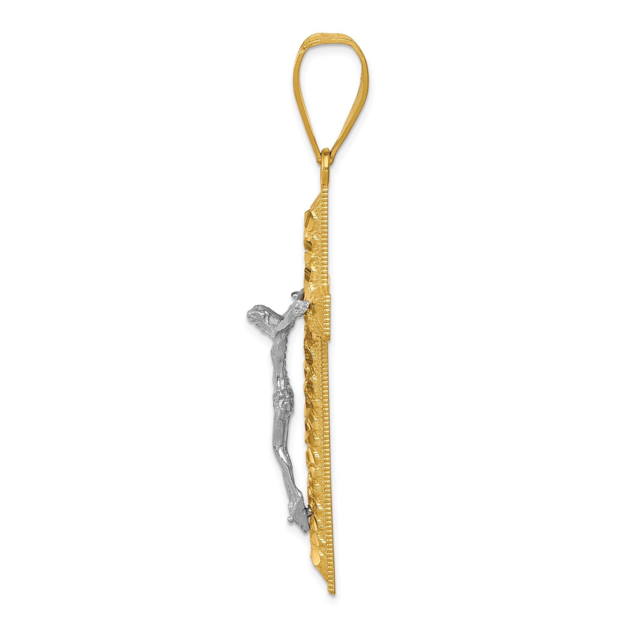 14K Two-Tone Gold Crucifix Pendant with Polished Diamond-Cut Finish