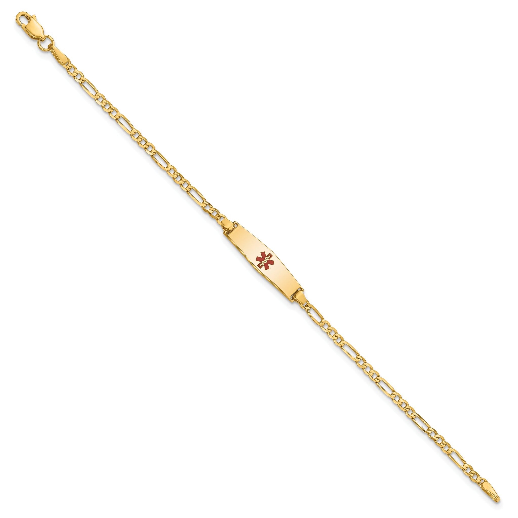 14k Medical Solid Chain/Solid Plate 20x5mm Soft Diamond Shape Centered Red Enamel Figaro Link 6 inch Baby/Child ID Bracelet Secondary image