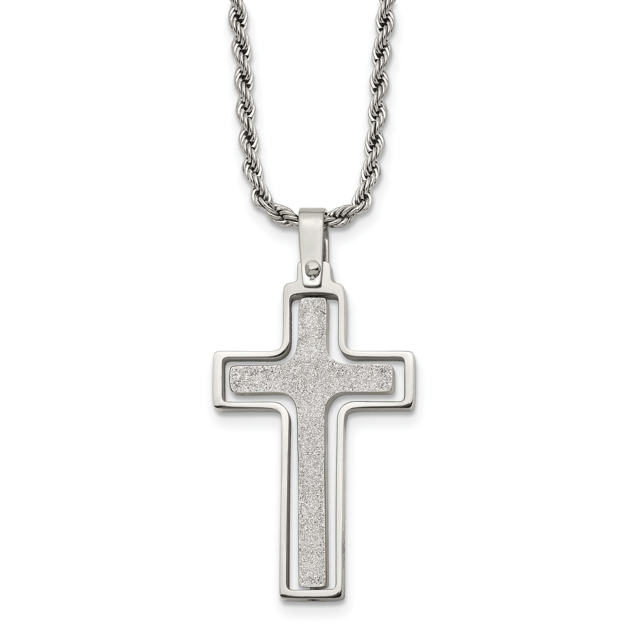 Chisel Stainless Steel Polished and Laser Cut Moveable Cross Pendant on a 22 inch Rope Chain Necklace