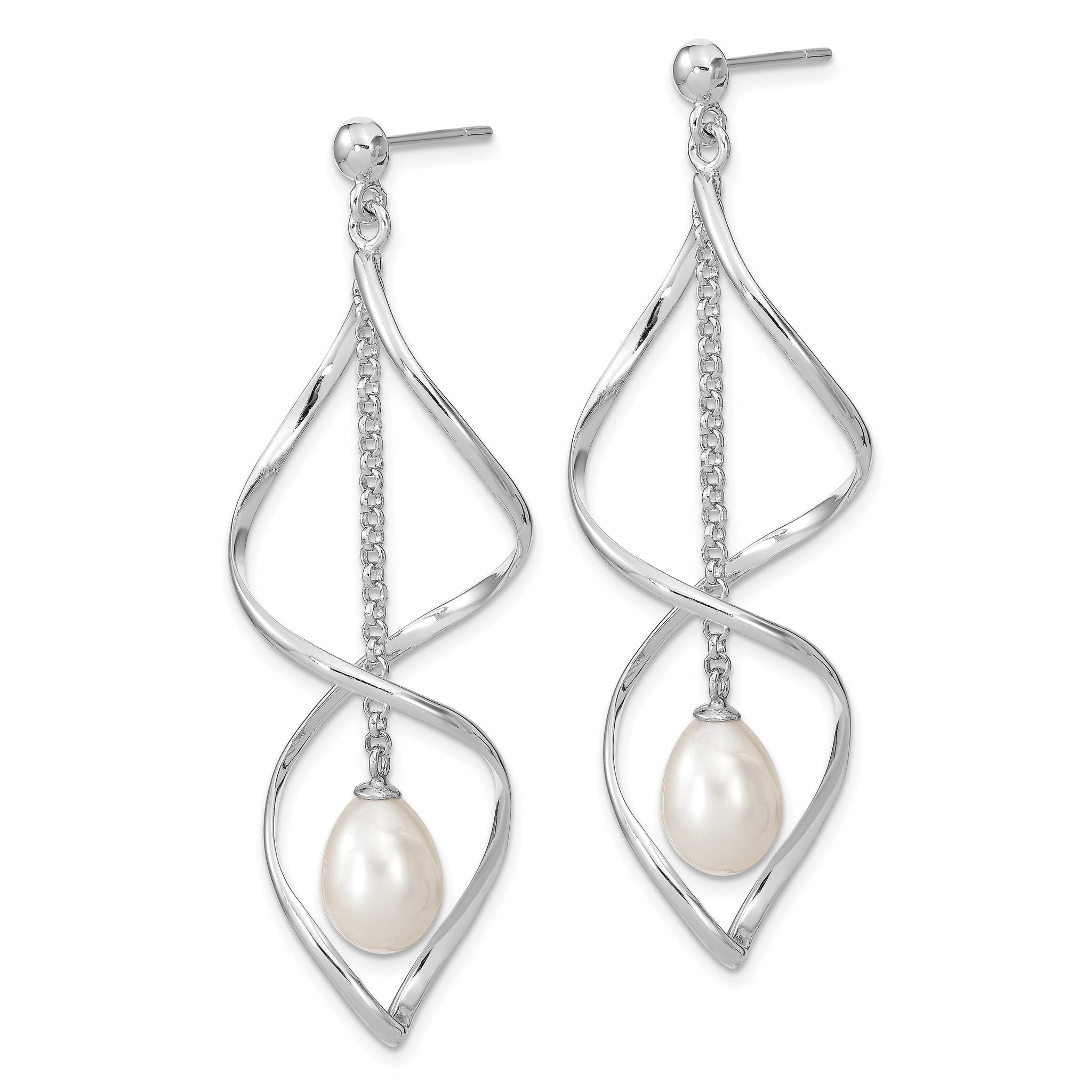 Sterling Silver Rhodium-plated 7-8mm White Rice Freshwater Cultured Pearl Post Dangle Earring Secondary image