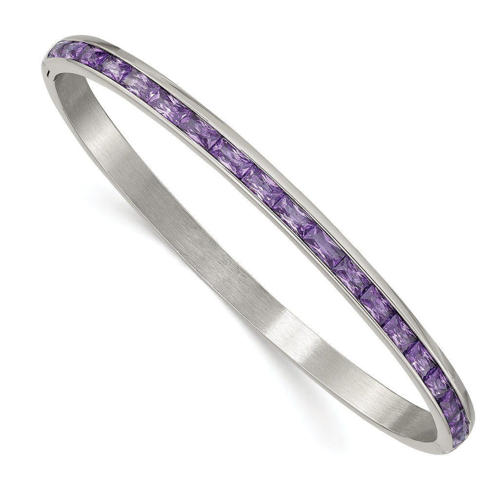 Stainless Steel Polished Purple Cubic Zirconia 5mm Hinged Bangle Bracelet for Women