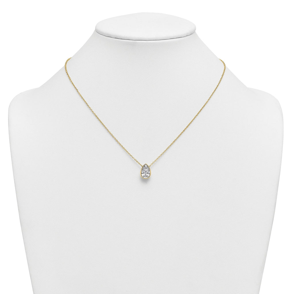 14k 2 1/2 carat Certified Lab Grown Diamond VS+ F+ Pear Complete 18 inch Bezel Set Solitaire Necklace