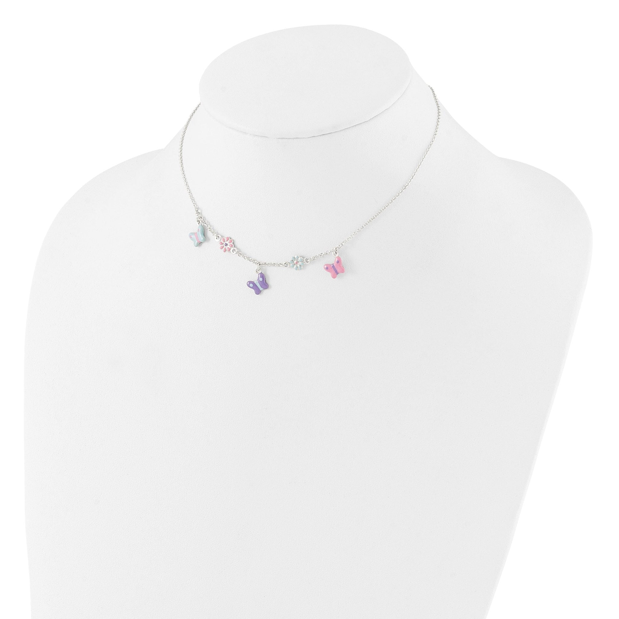 Sterling Silver Polished Enameled Floral & Butterfly Children's Necklace Secondary image