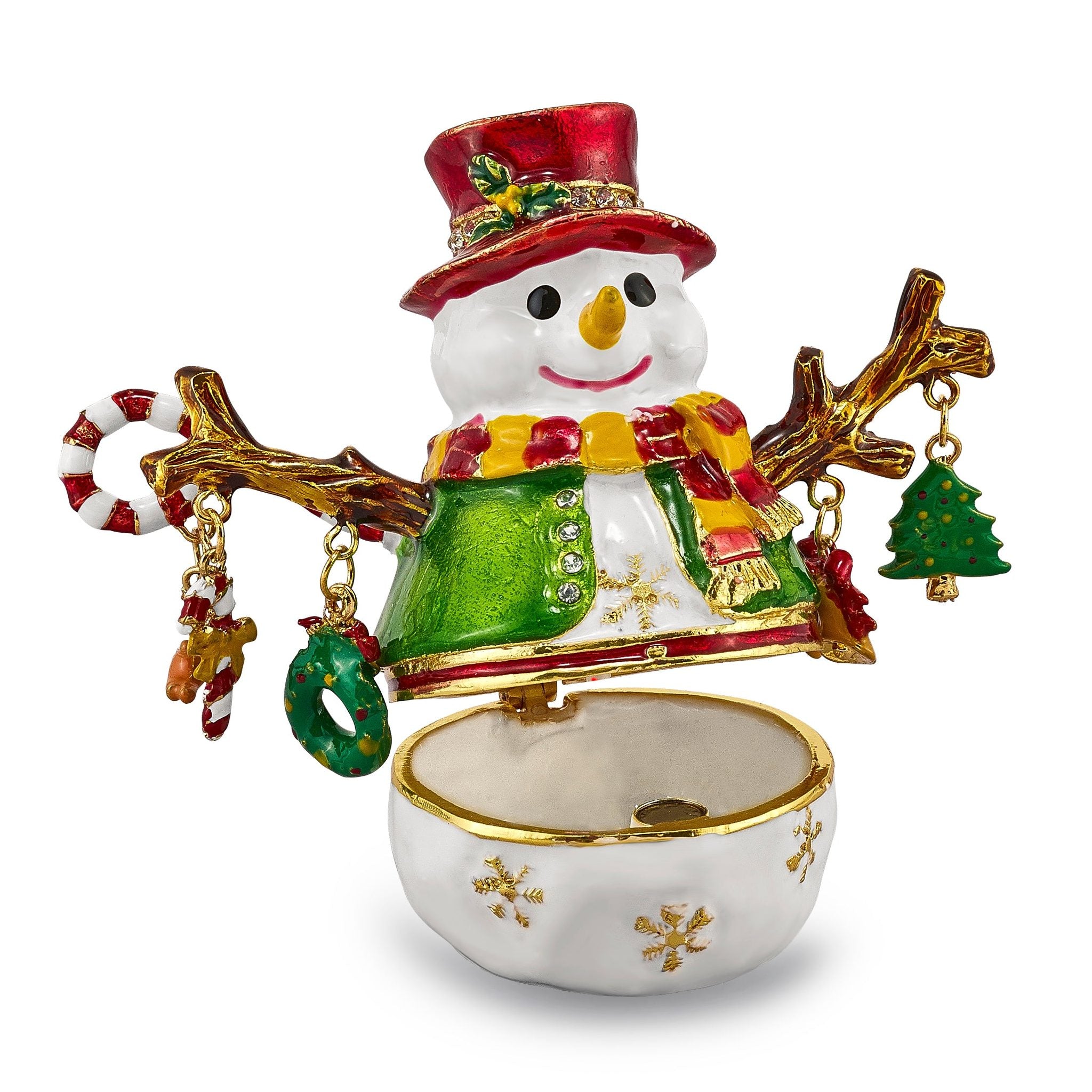 Luxury Giftware by Jere Bejeweled Crystals Gold-tone Enameled LOGAN Snowman Tree Trinket Box with Matching 18 Inch Necklace Secondary image