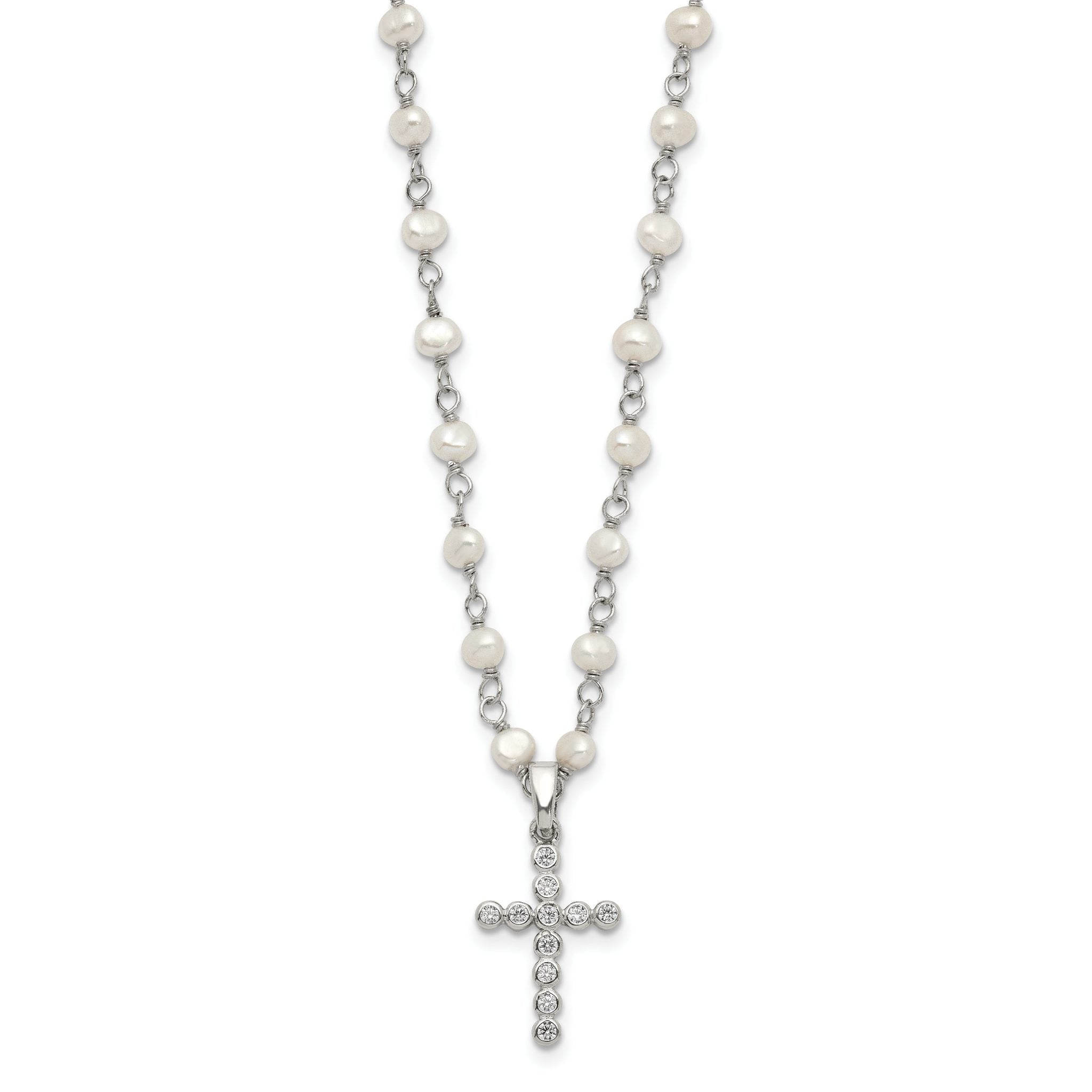 Sterling Silver Pearl CZ Cross Necklace with Rhodium-Plated Chain Secondary image
