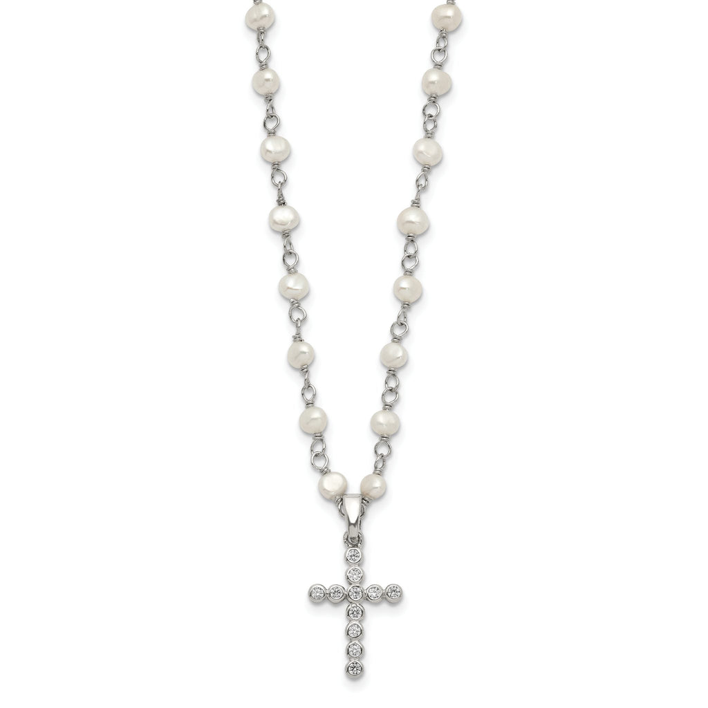 Sterling Silver Pearl CZ Cross Necklace with Rhodium-Plated Chain