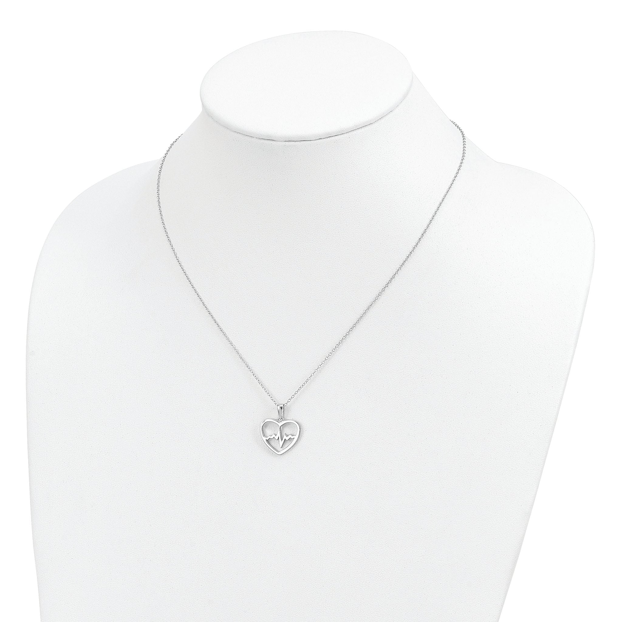 Sterling Silver Rhodium-plated Heartbeat in Heart 16in With 2in Ext Necklace