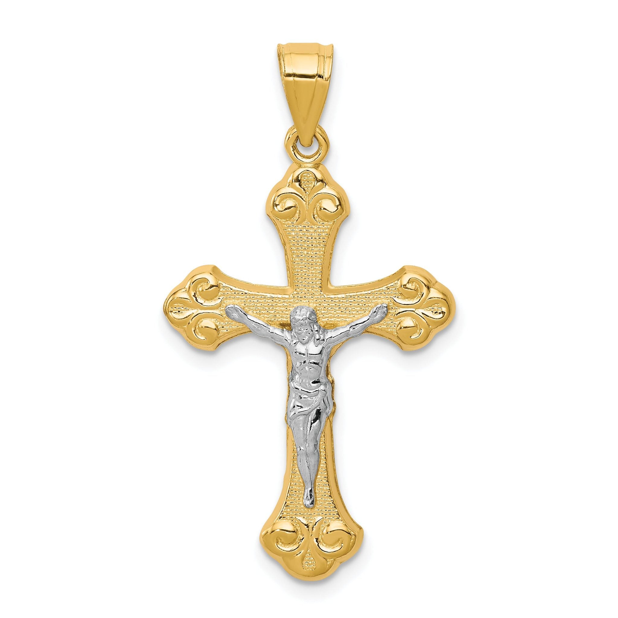 10K Gold Crucifix Pendant with Rhodium Accents, Polished Solid Design Main image