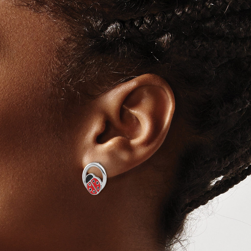 Sterling Silver Rhodium-plated Enameled Ladybug on Ring Post Earrings