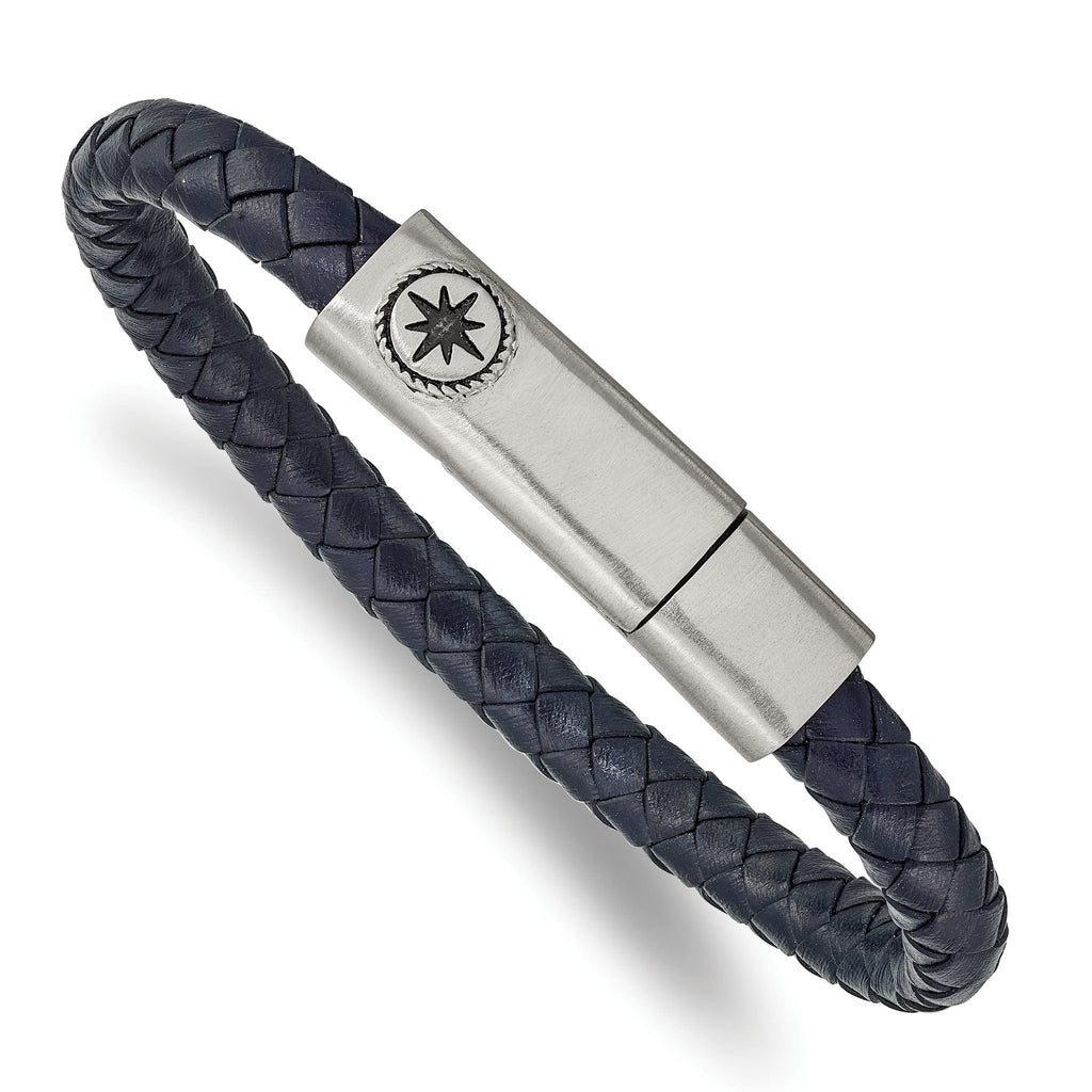 Stainless Steel Antiqued and Brushed Compass Navy Blue Braided Leather Bracelet for Men