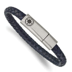 Stainless Steel Antiqued and Brushed Compass Navy Blue Braided Leather Bracelet for Men