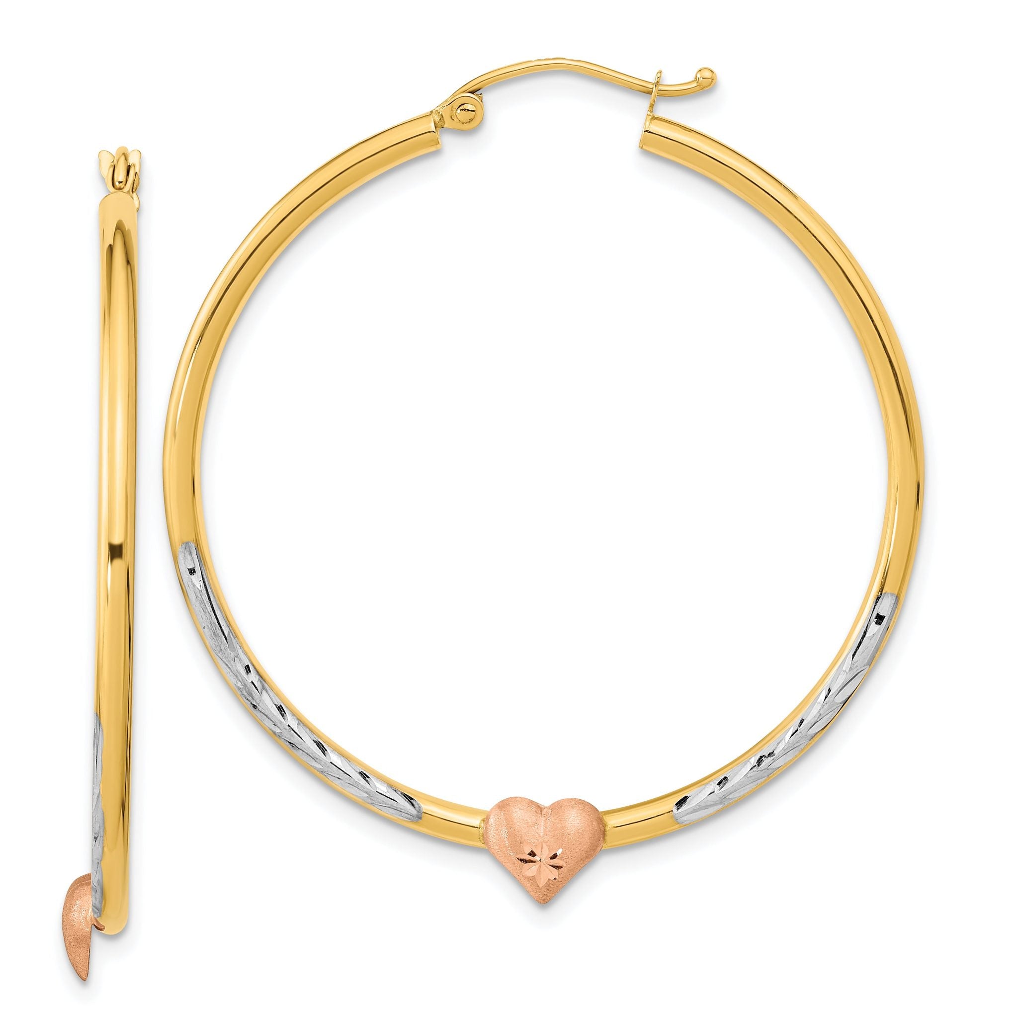 14k Two-tone with White Rhodium D/C Heart Hoop Earrings Main image