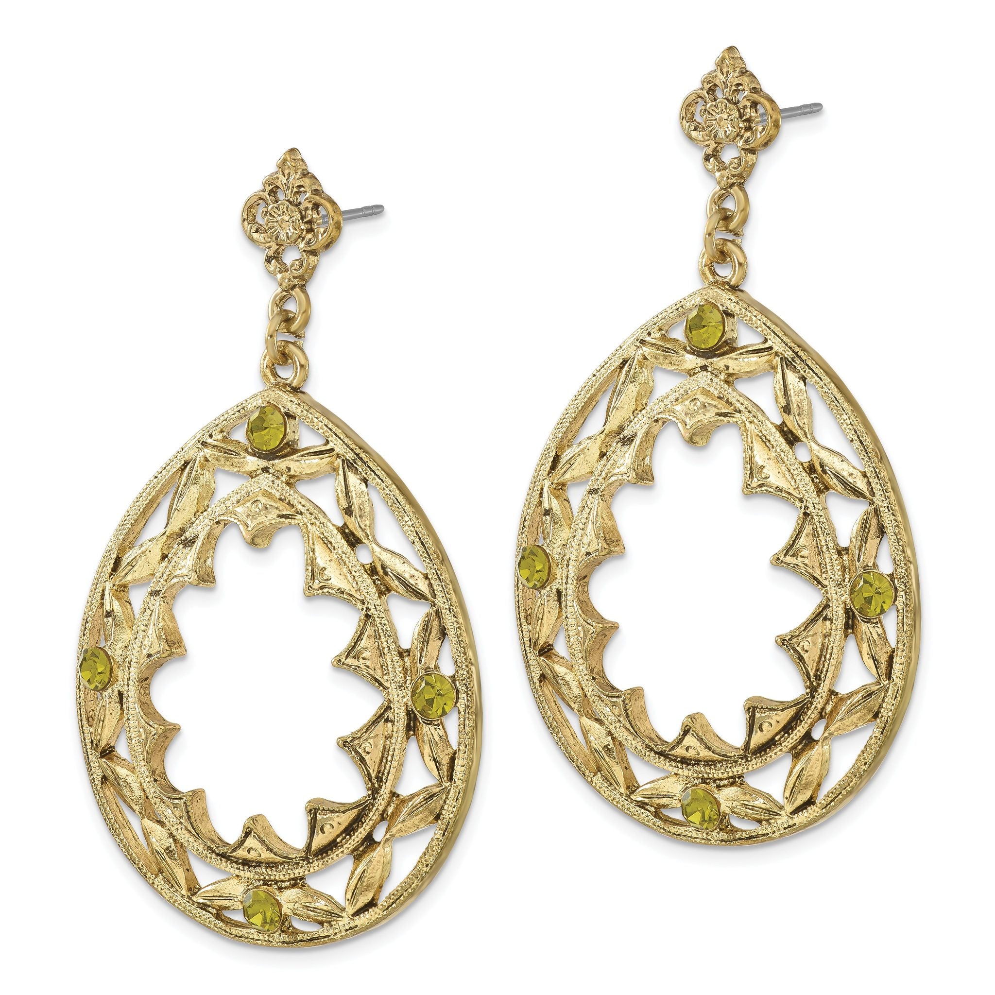 1928 Jewlry Brass-tone Filigree Green Crystal Pear Shaped Dangle Post Earrings Secondary image