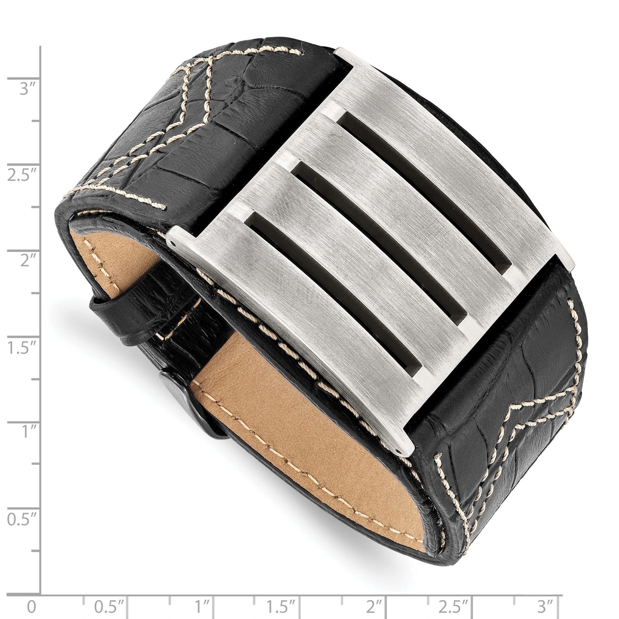 Stainless Steel Brushed Black Leather Adjustable Buckle Bracelet