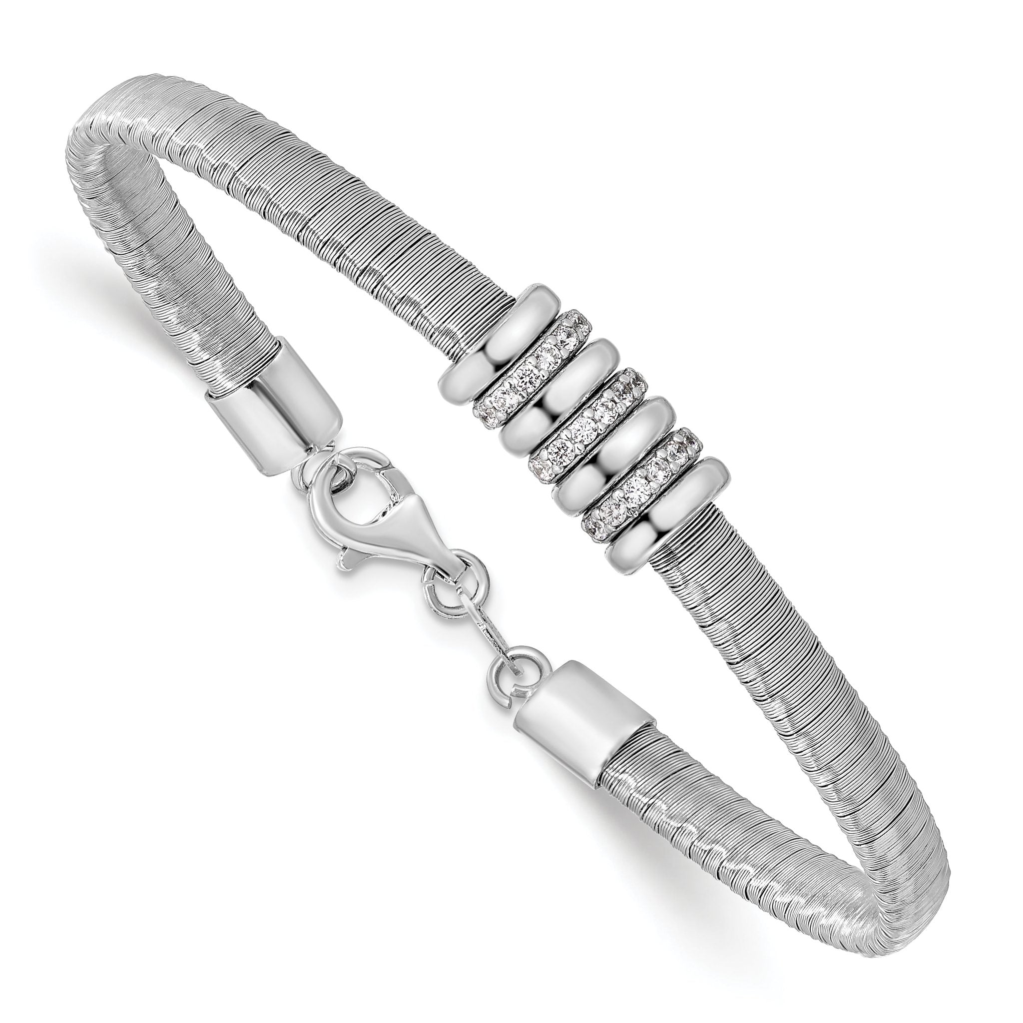 Sterling Silver RH-plated CZ w/1in Safety Chain Flex Bangle Main image