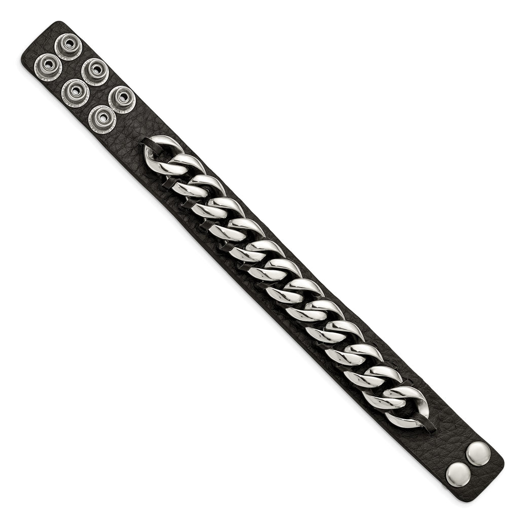 Stainless Steel Black Leather with Chain Bracelet for Men